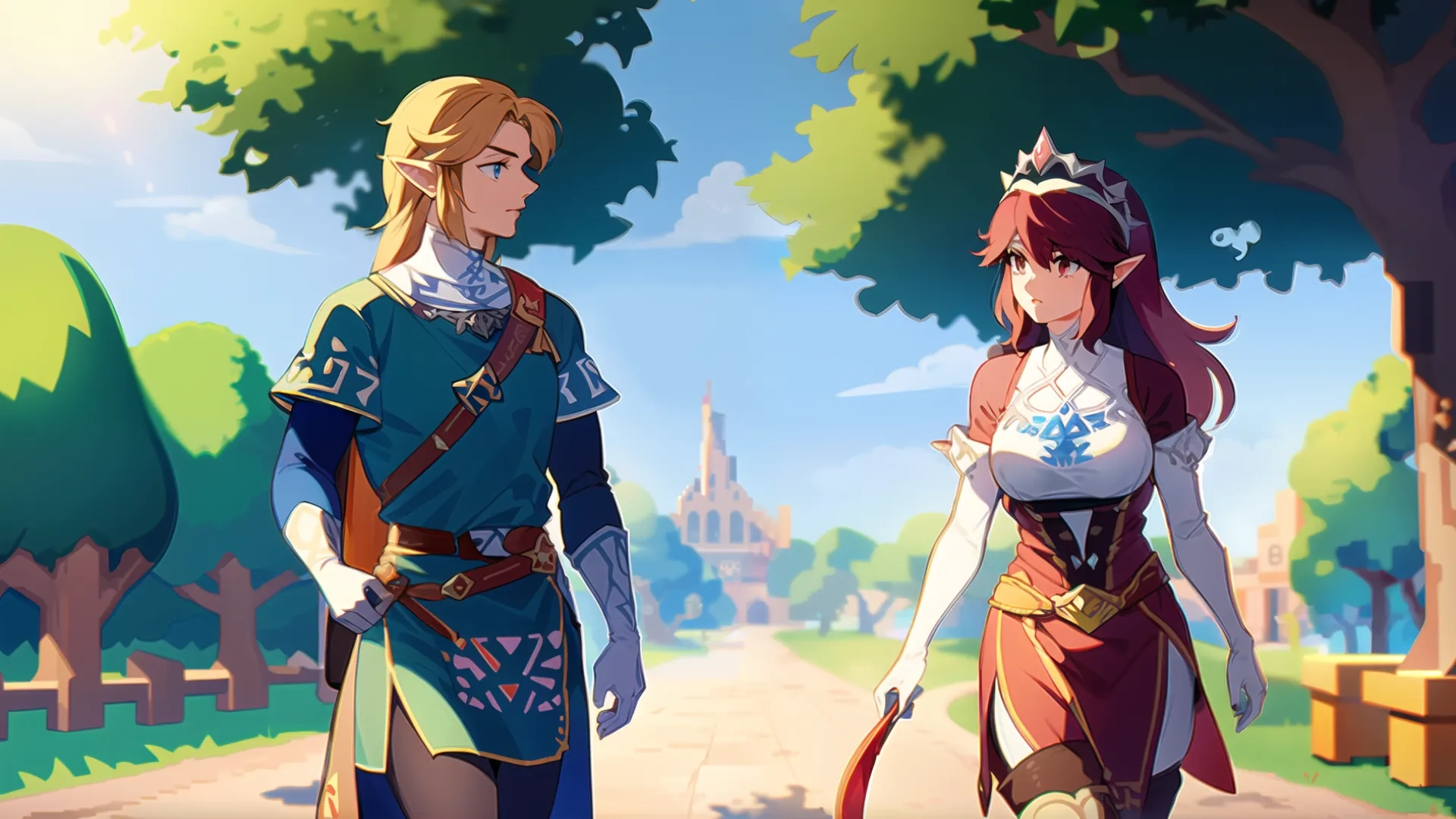 a group of people with swords standing near a tree that's in front of a castle with a lot of flowers on a sidewalk road where one person is the background where the other one girl walking away while the other
