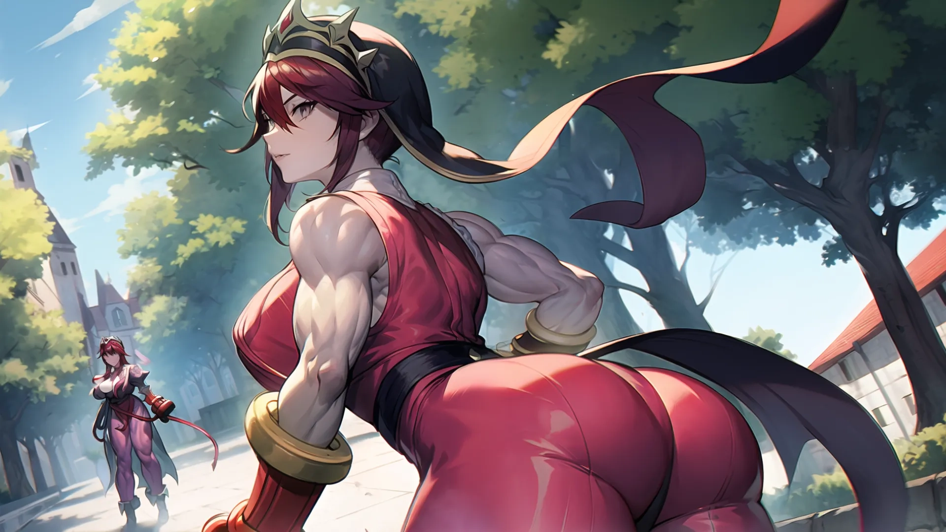 two girls dressed like samurai standing on the street together in battle games with weapons and sword heads tied up, one with very nice assmath skin