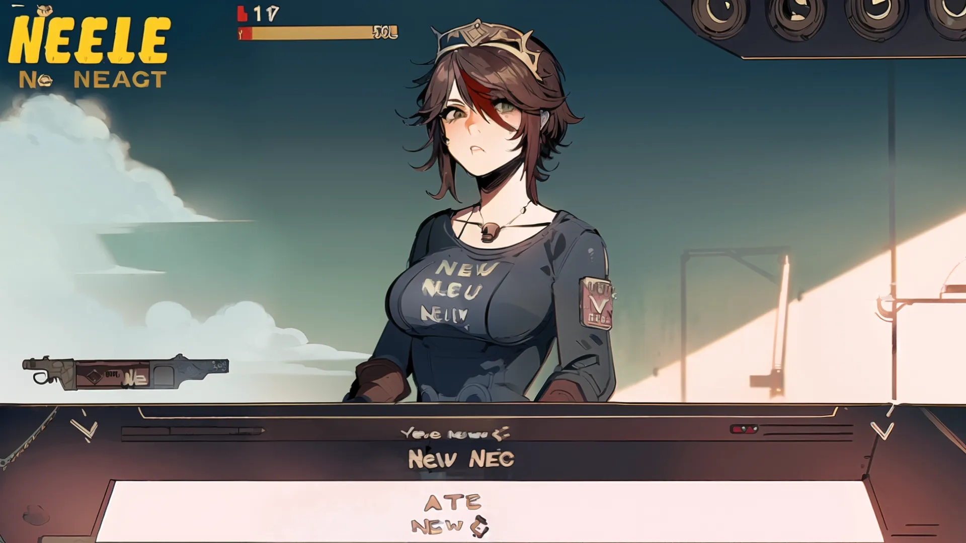 a screenshot from an anime setting with a laptop screen and weapons and text saying new news aeft @ 0 10 1 9c90