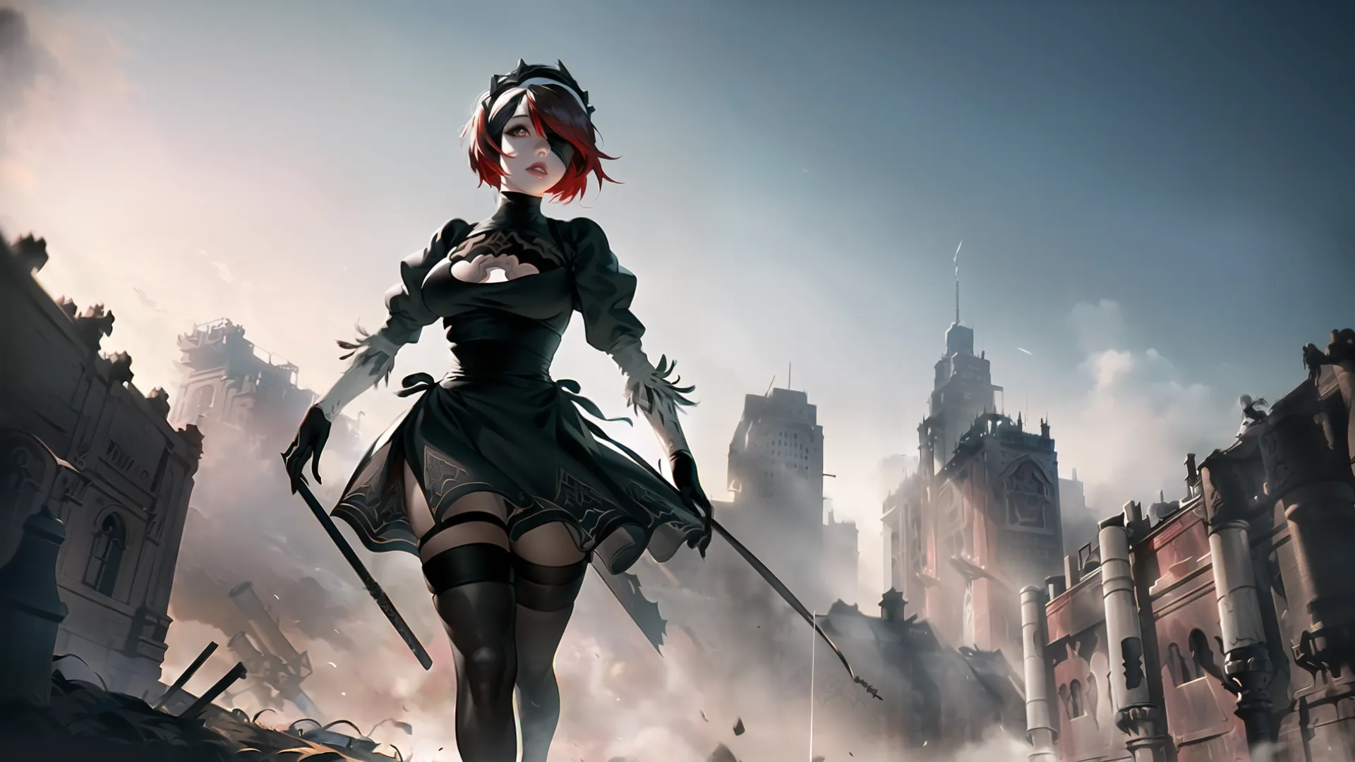 a person in uniform with a weapon near a building with ruins in the background that looks like a city that looks apocalyptically like it is coming down on fire