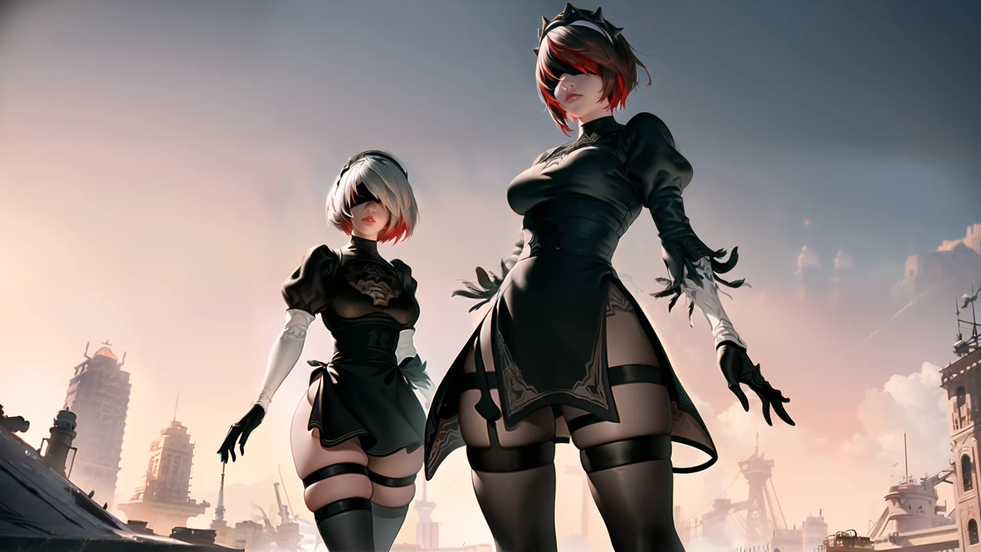 a couple of anime girls near each other in the sun and some buildings on the other side from the end of some sort of town to the day