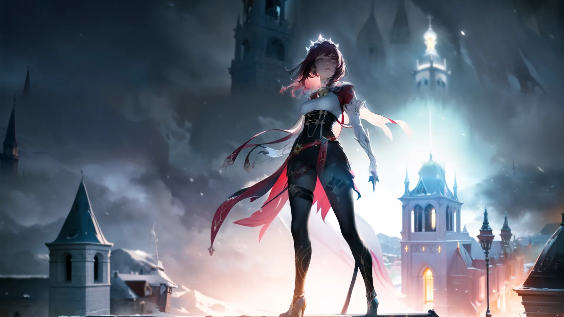a picture of an image of a woman in the city with light, some buildings and a church steeples and others trees in the background are lit up