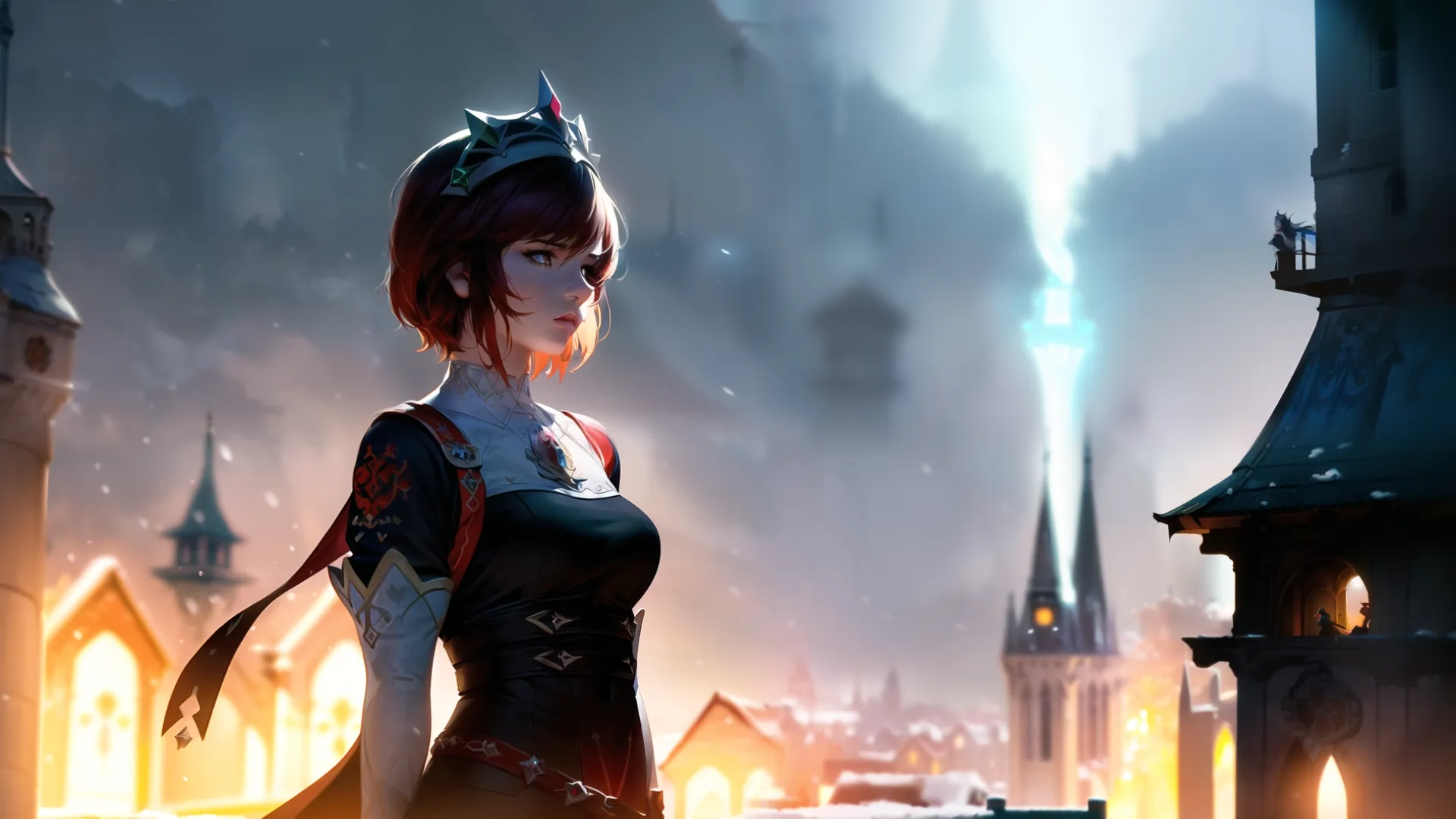a woman in short red skirt standing near a clock tower looking down at cityscape at foggy night sky with glowing buildings and a lightning
