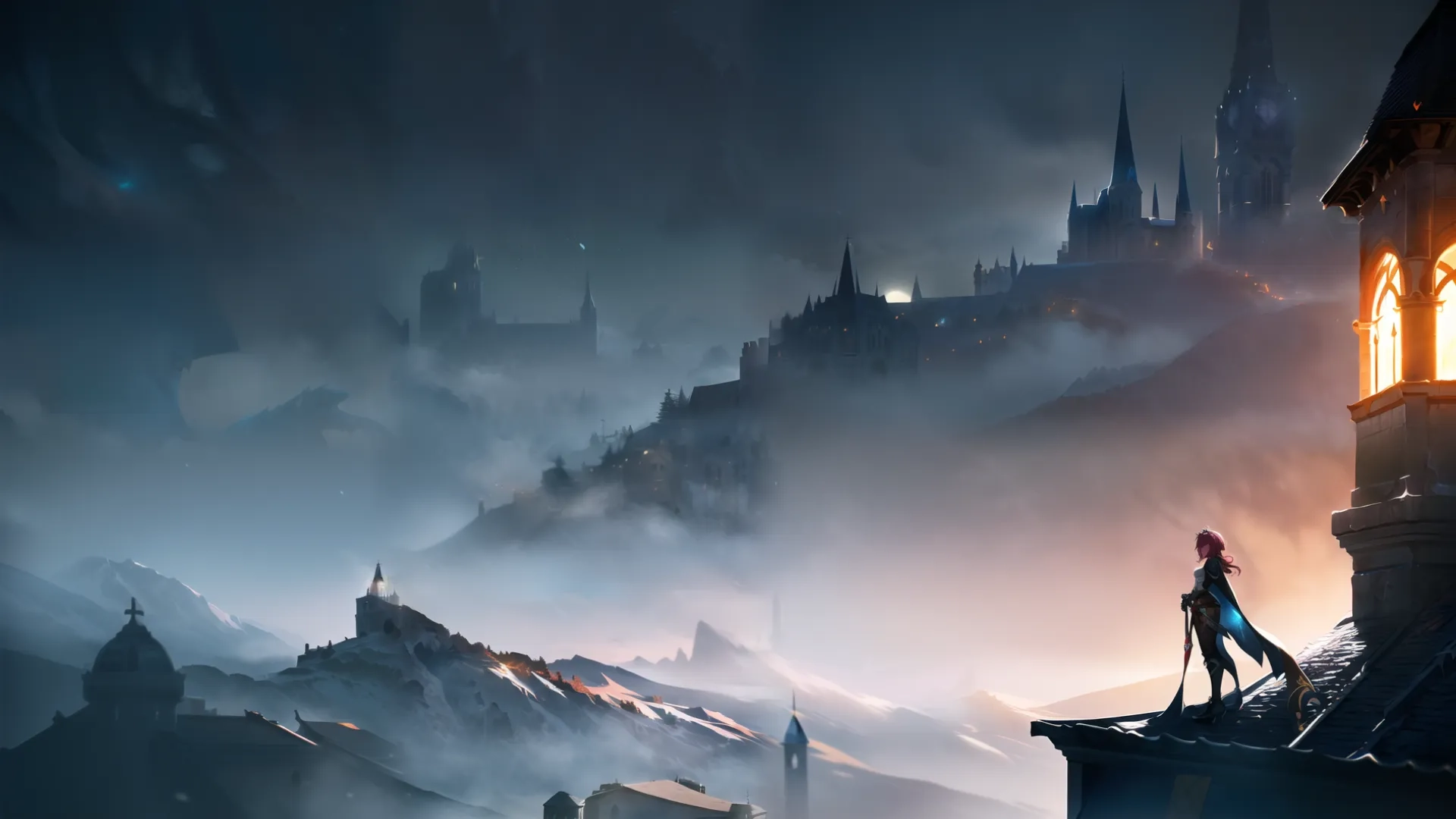 the two people are in the tower, watching something from it's balcony at night time on a cloud and fogy hillside background with a church
