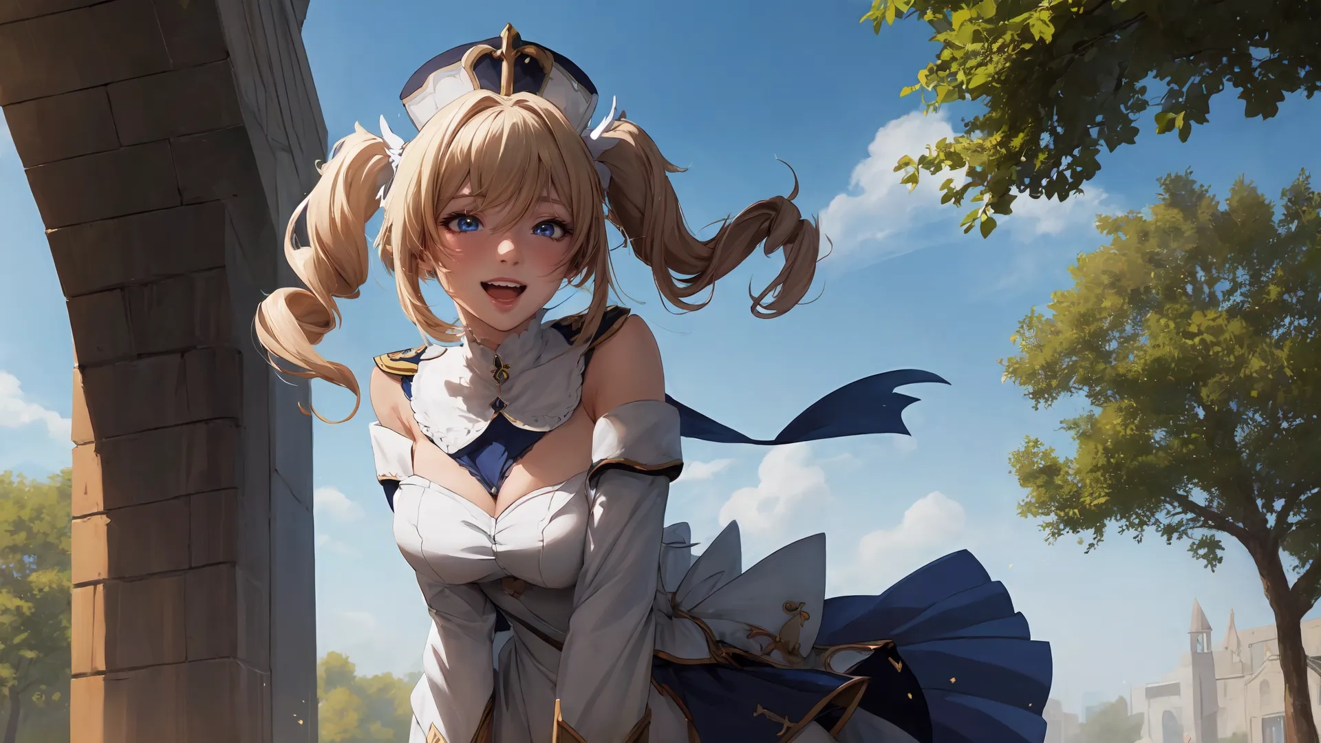 a girl who is in costume with a gun and a hat on her head sitting in a wheel chair outside in front of some trees and a castle and some buildings
