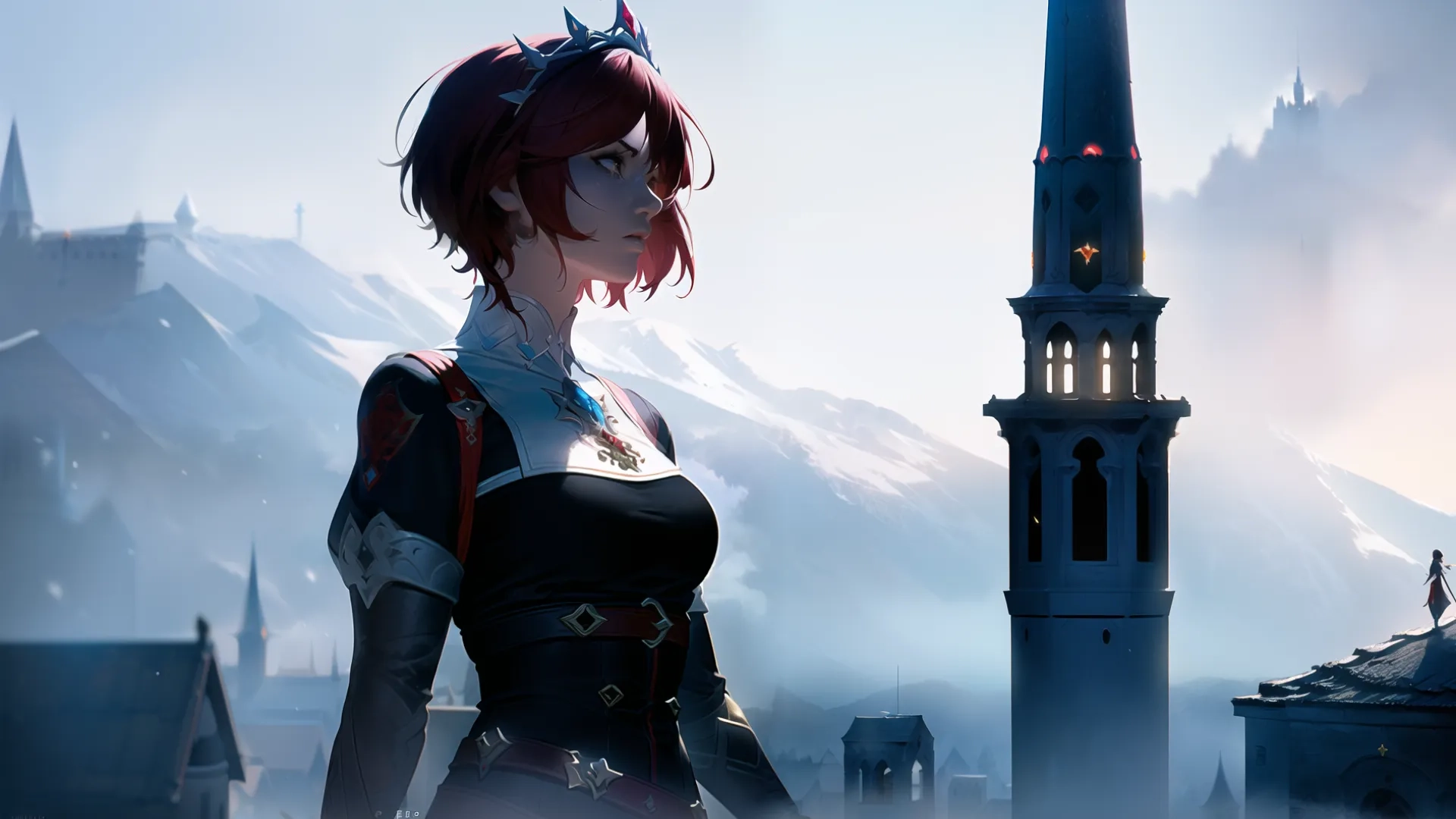 a stylized picture of a pretty red haird woman in a blue and black dress surrounded by skyscrapers and a mountain range background with buildings, from assassin outfit