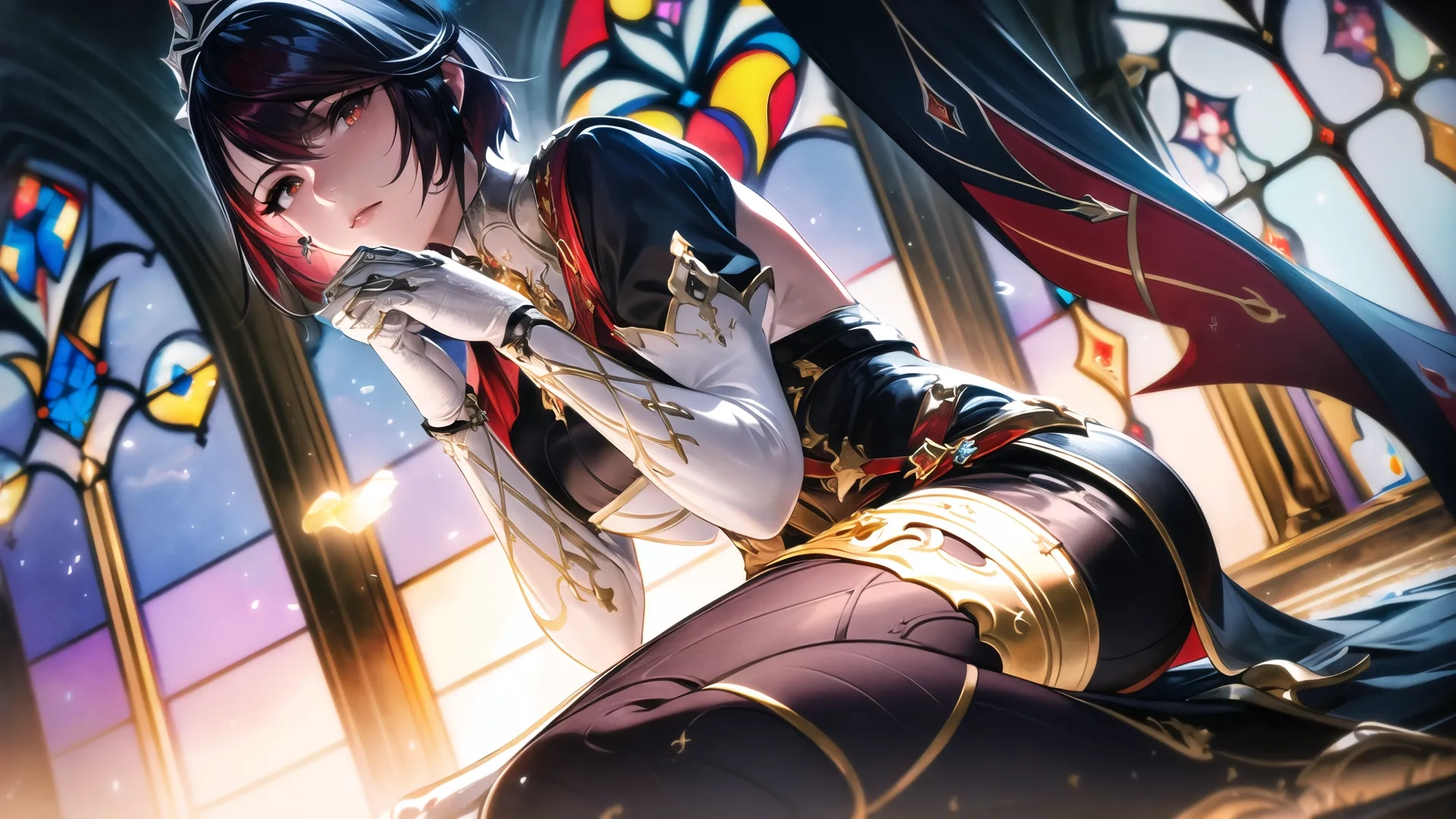 anime character in cosplay clothing with arm raised looking at camera with glowing windows in background in dark colored setting / environment with light and art decoded