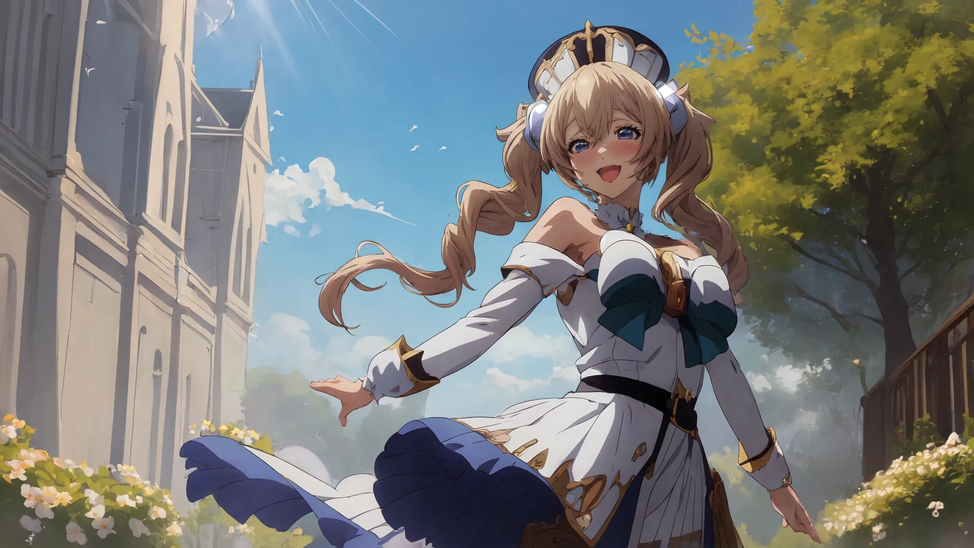 there is a woman in a uniform dancing in the street while holding her hand out while on a bench in front of a tall building with a sun glaring