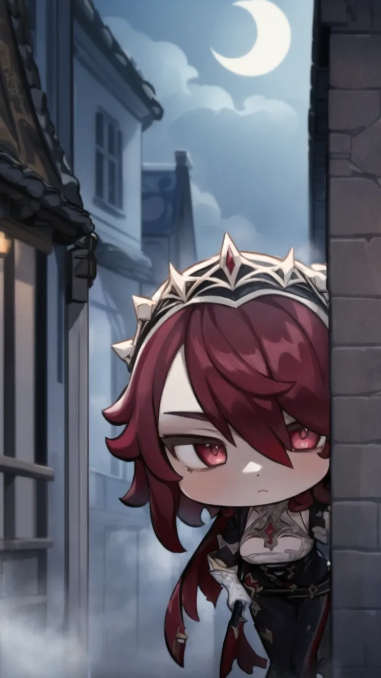 a character in a anime style is depicted with a street at night behind her, a building and a crescent behind them, on this animated design