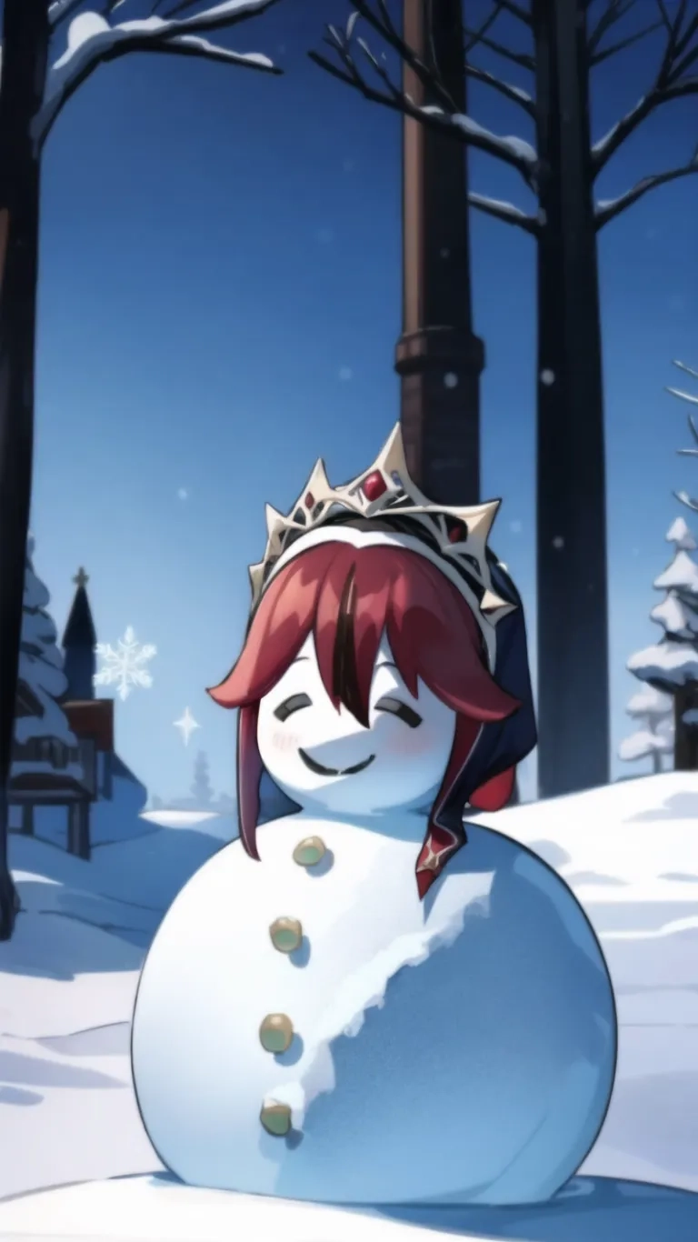 a snowman with a crown on his head smiles in the snow with trees behind him and a bench to the left and some lights and a blue sky above