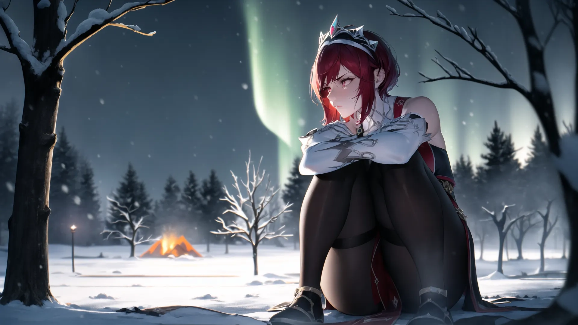 an anime with a dark red hair is sitting in the snow near a forest under an aurora light with stars shining overhead on the sky, near other trees