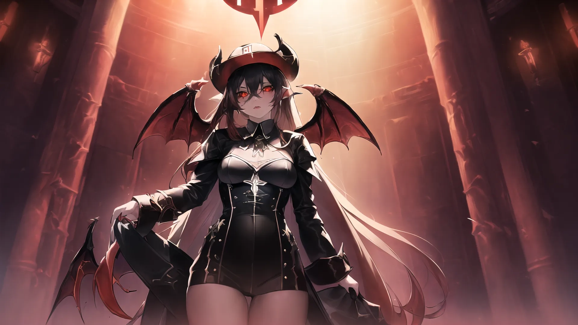 a young woman dressed in a black corsel costume is standing in an empty room with demon wings attached to her shoulders and one of her face and dark hair
