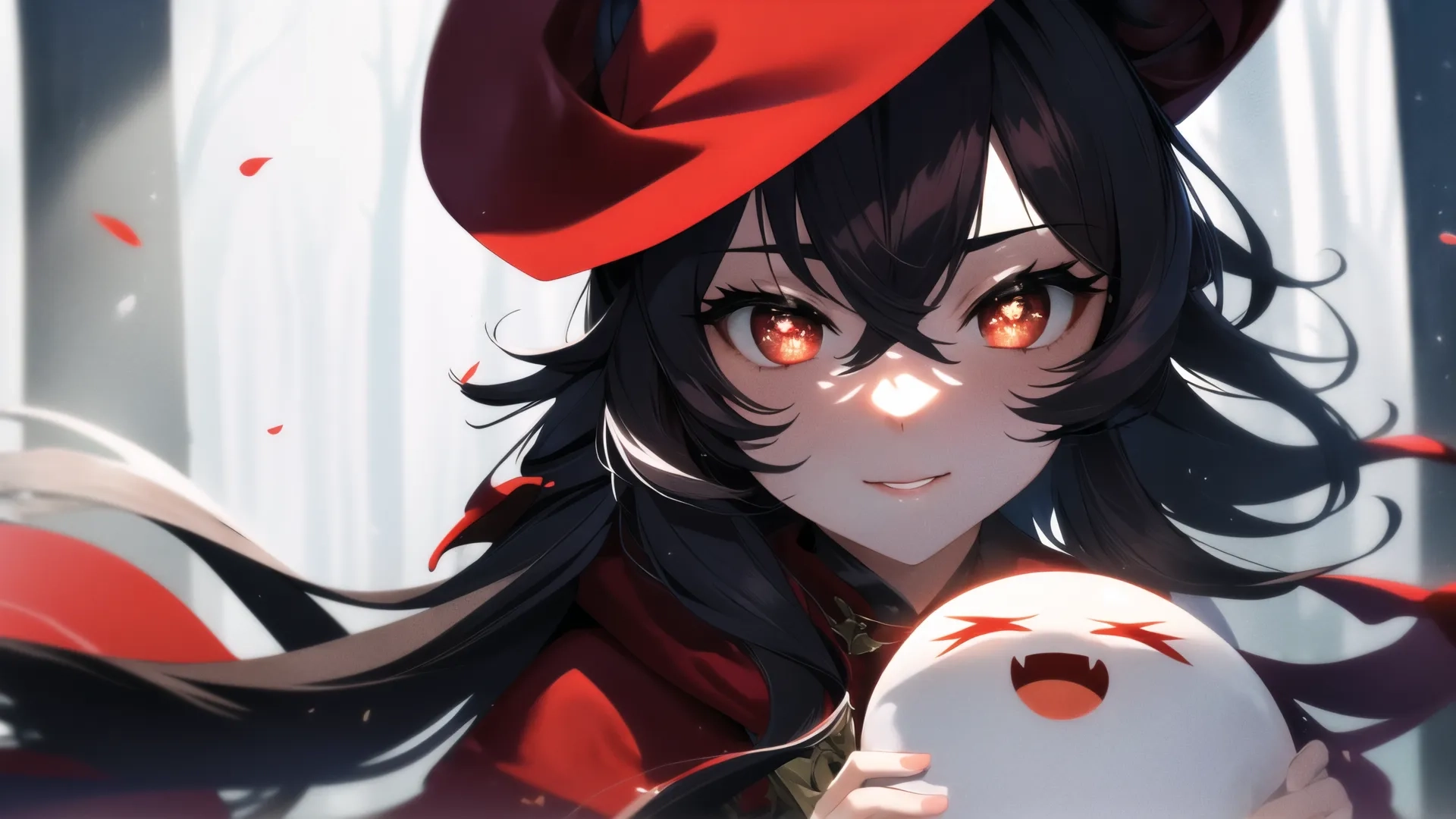 the woman is holding a little ball inside her hands with the man in the background and two red birds on her shoulder holding his hand, both
