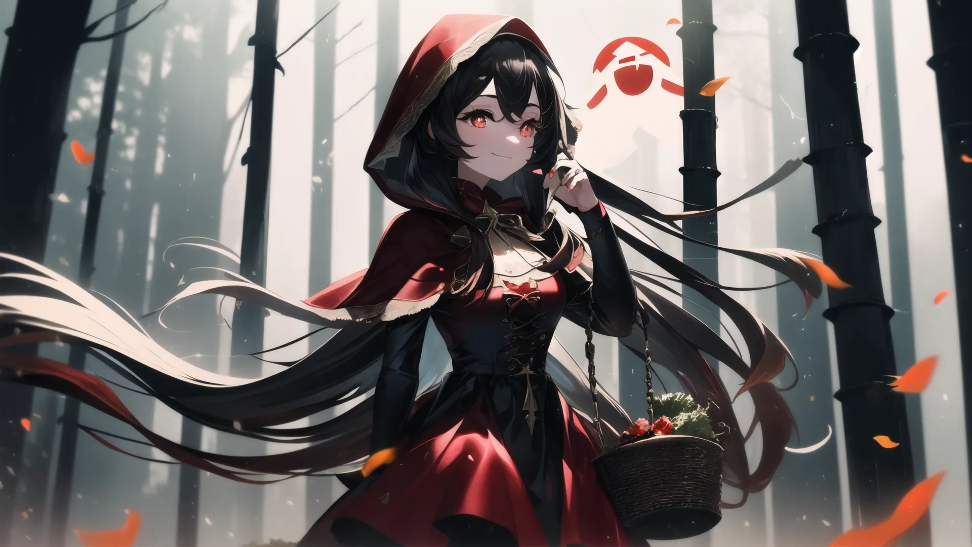 an anime girl is wearing black hair in the forest while holding a basket with food and leaves falling from it in front of her, with her head
