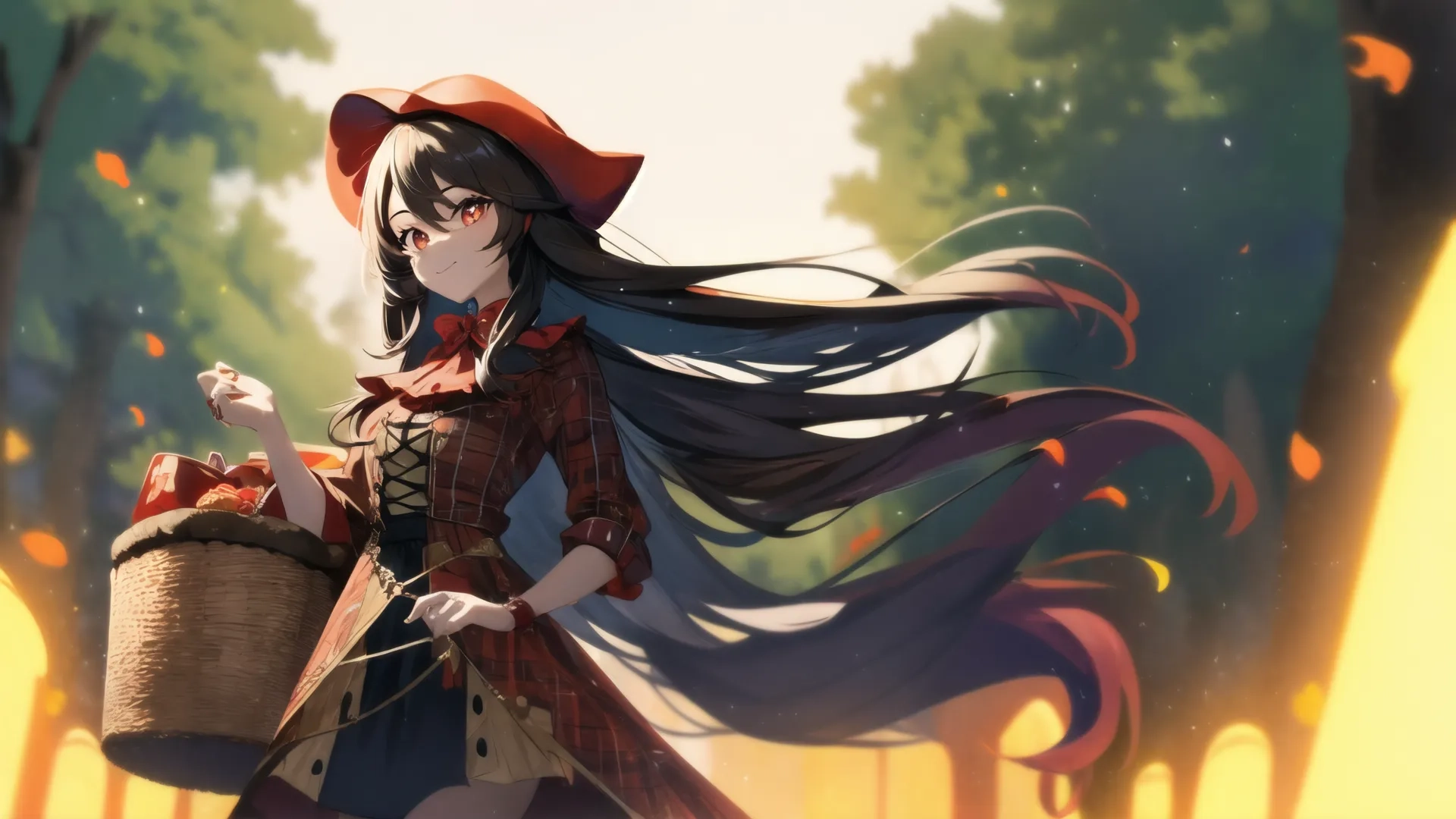 a girl with long hair and a big hat walking outside in the fall leaves carrying a basket of apples and some apples on the ground covered ground
