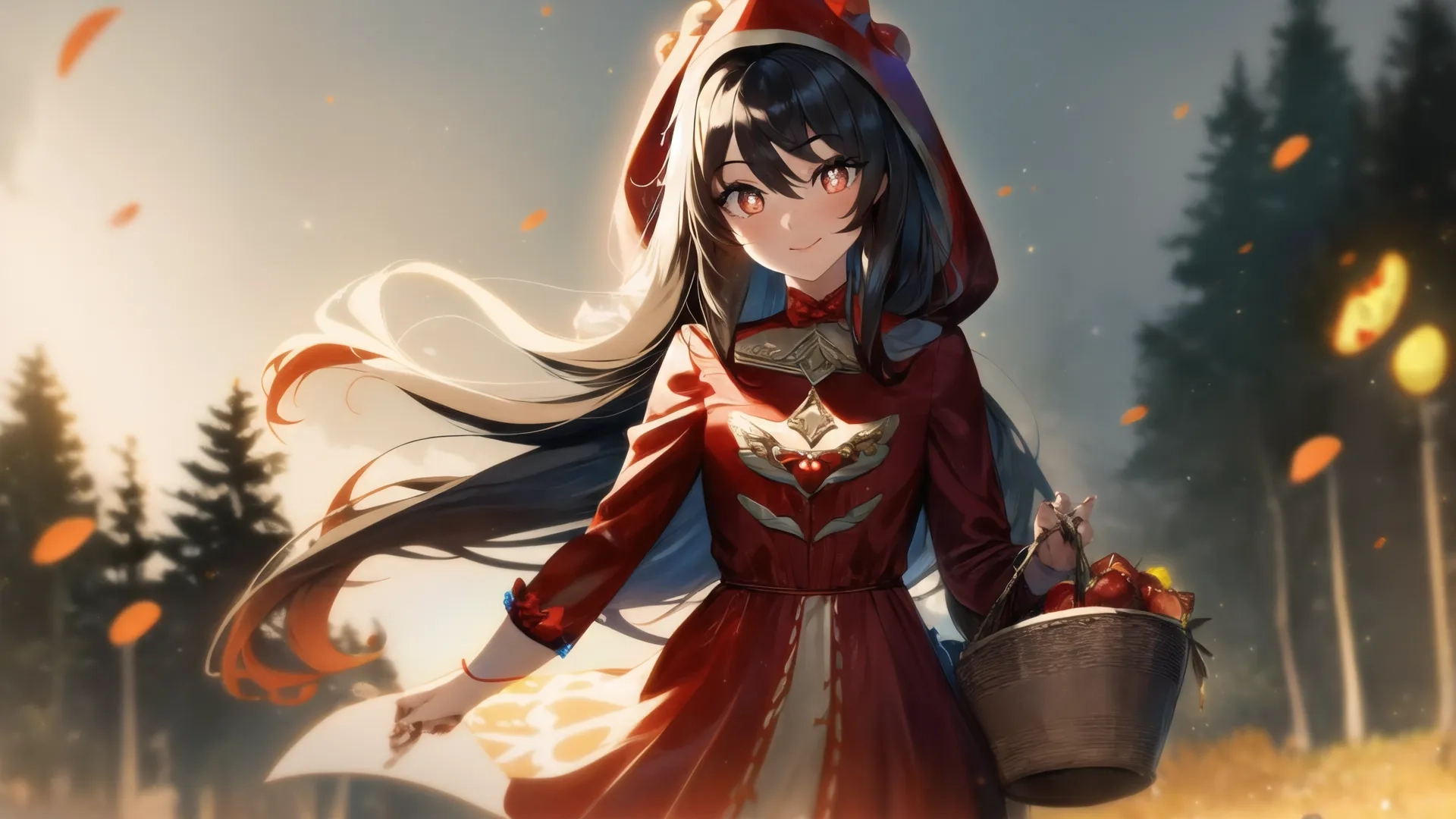 the girl in a medieval dress is holding basket of fire and wearing a red cape over her head and eyes while standing in the woods on a field