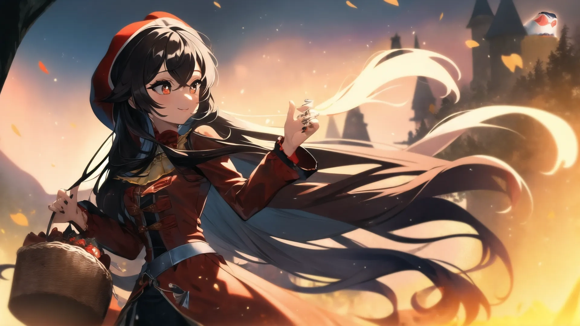 the character from the anime has long black hair and brown eyes, and is wearing red and white with her hand on her hip length sleeves in one hand
