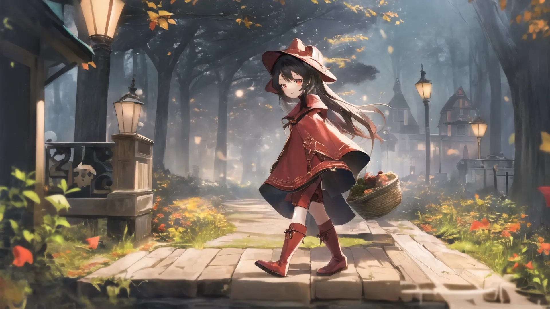 a girl in a halloween costume on a brick pathway and buildings in the background with leaves in the foreground and lanterns and flowers around her head