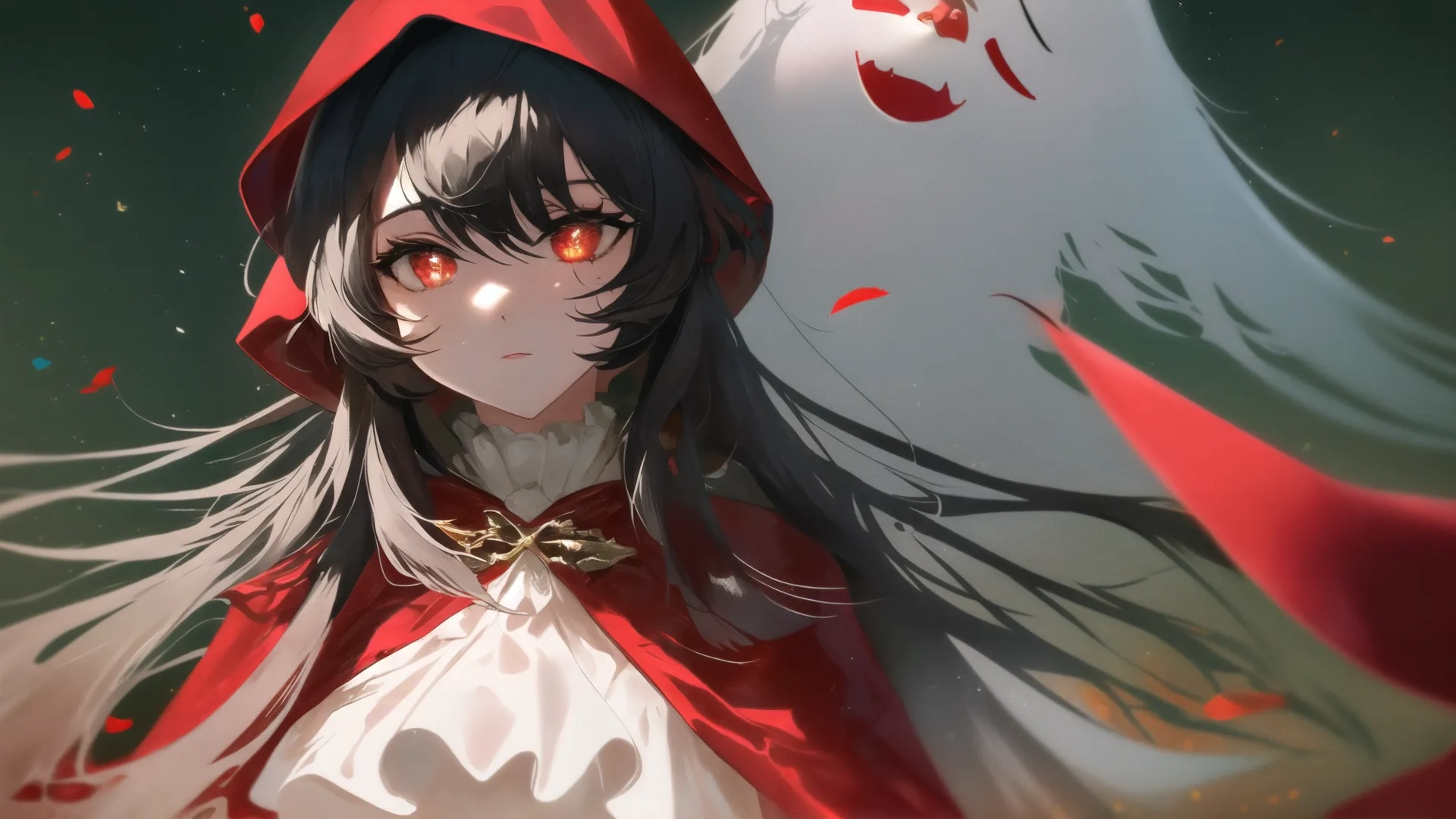 a person that is sitting down and posing in front of some flowers and a white rabbit with red eyes and dark hair wearing a cape and a dress