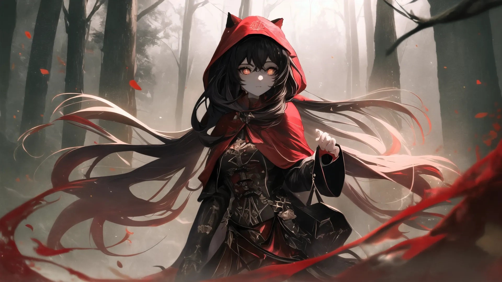 a woman dressed in an all different type of clothing with a hood on in the middle of a forest looking at something interesting about her face she is
