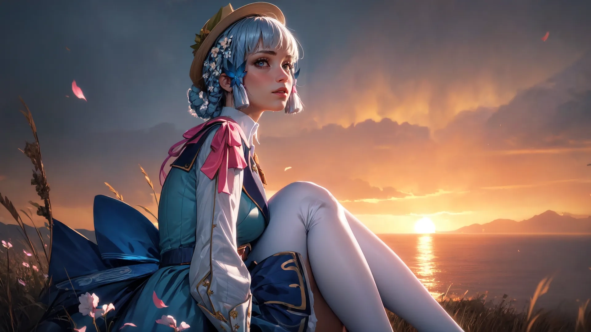 a girl dressed in an unusual costume sitting on top of a hill at sunset, with flowers above her head and body and hand over her eyes