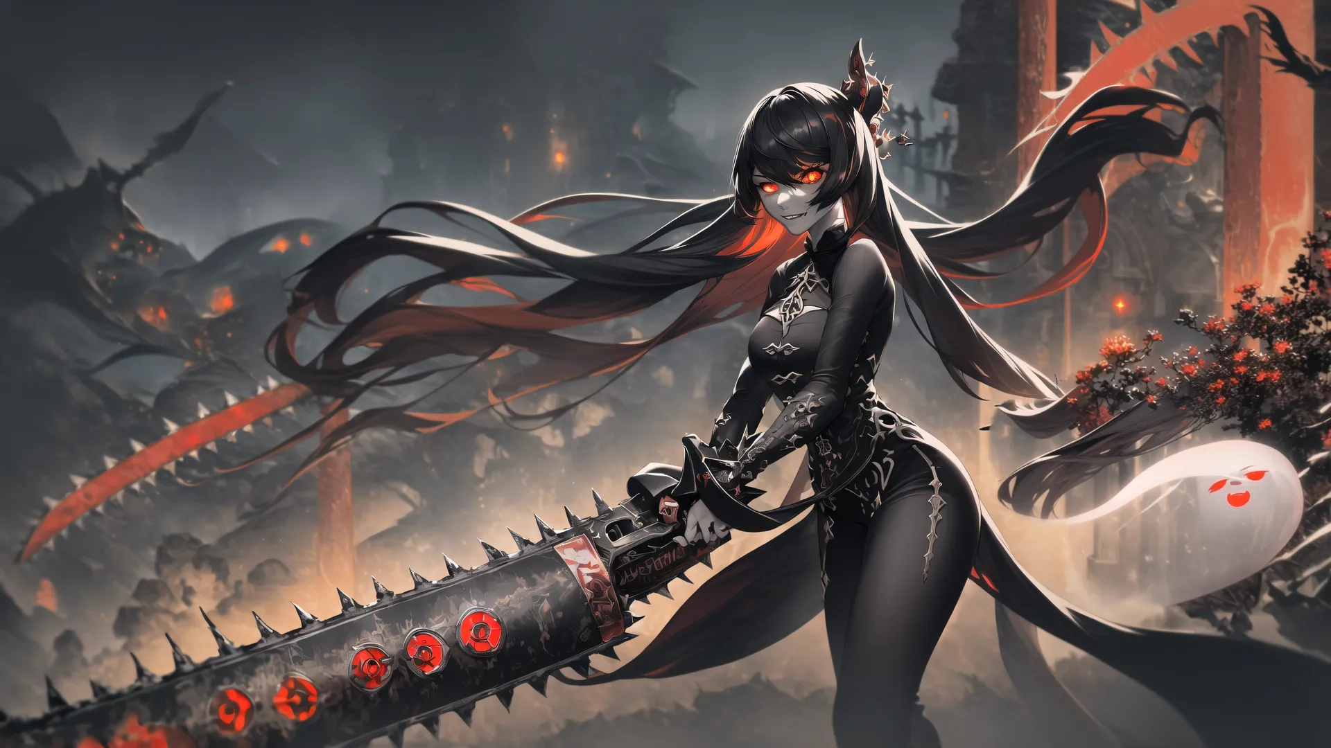 a woman holding a bloody chain while riding a bike and sword through an alley with skulls in background at dark skies / in this art showroom full view