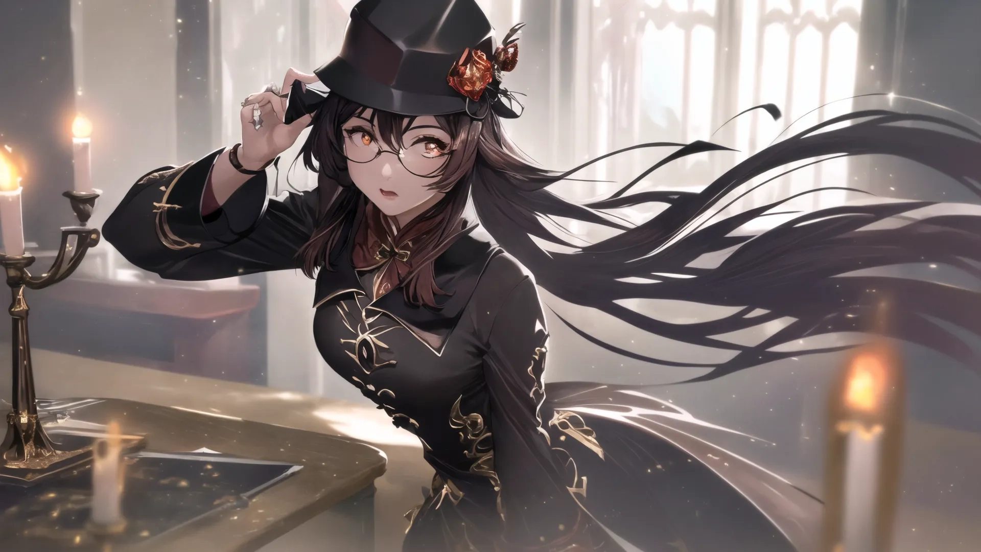 girl with long brown hair wears a black hat and glasses is posing in an artistic photo by candle light, with other lighting on the table behind her