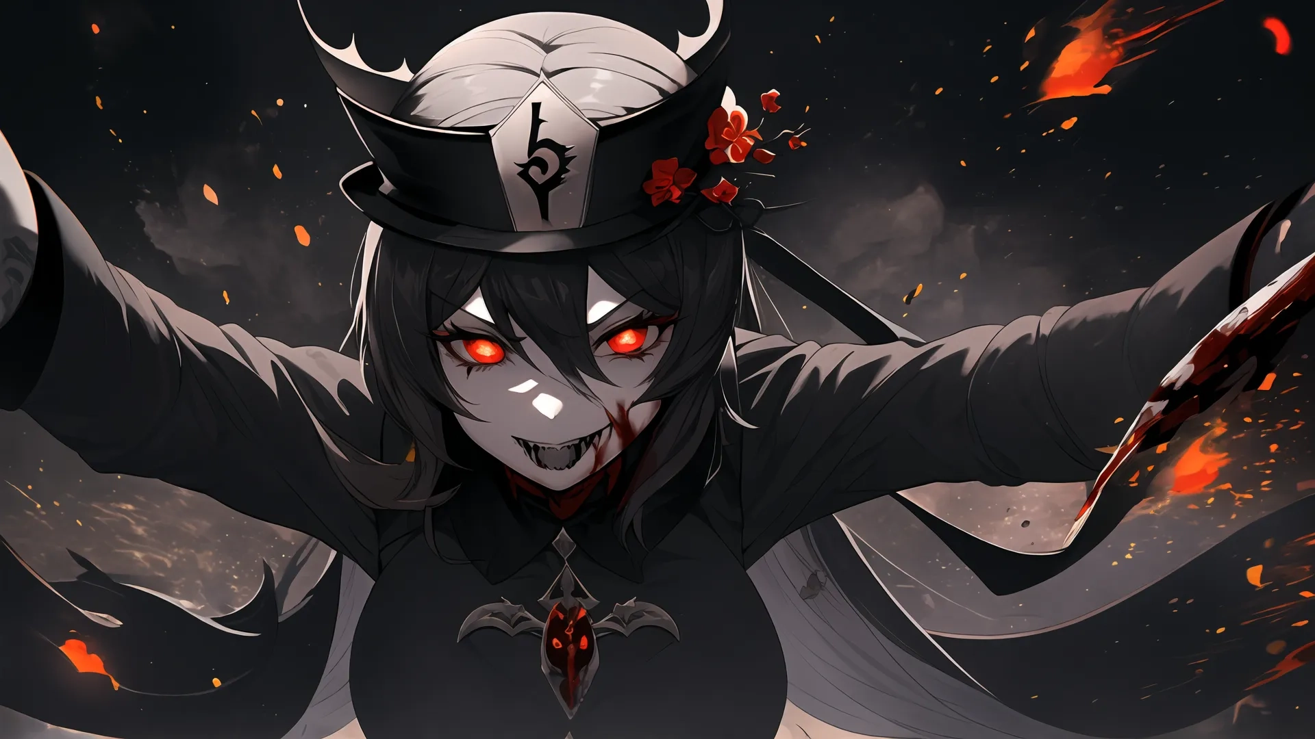 anime character with red eyes in an elaborate dress against a dark colored background full of orange flames and sparks to the side of his head with a black hair styled in the foreground
