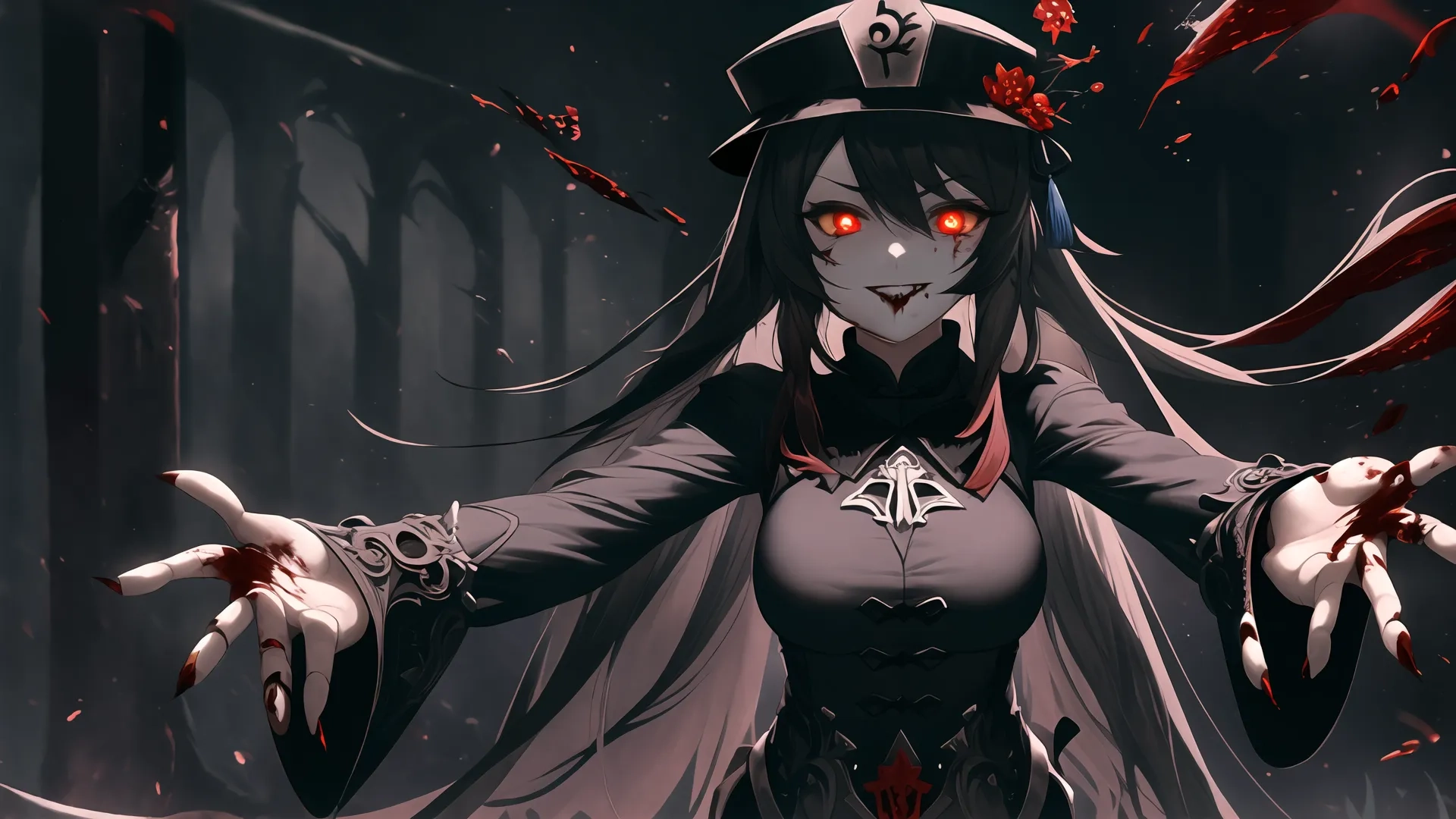 an anime anime girl with blood on her hands and a blood - stained wound hand reaching out from another, while holding a sword on her arm with one side
