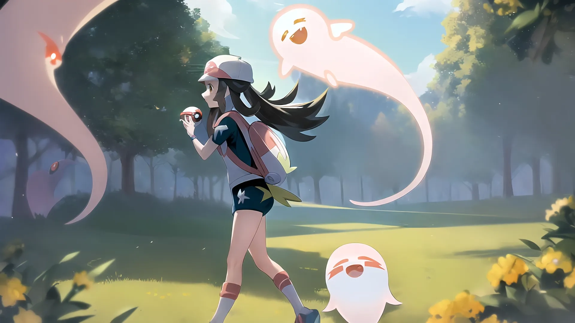girl carrying a baseball bat in grass with ghost ghosts nearby and trees behind her behind her in the background, sunlit evening and blue sky,