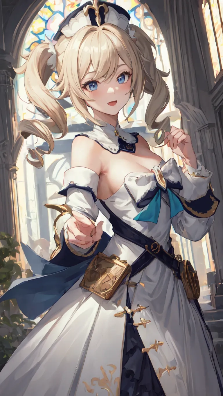 a person dressed up in an outfit with swords standing next to a window with other characters on it and a clock in her hand standing near by a fence