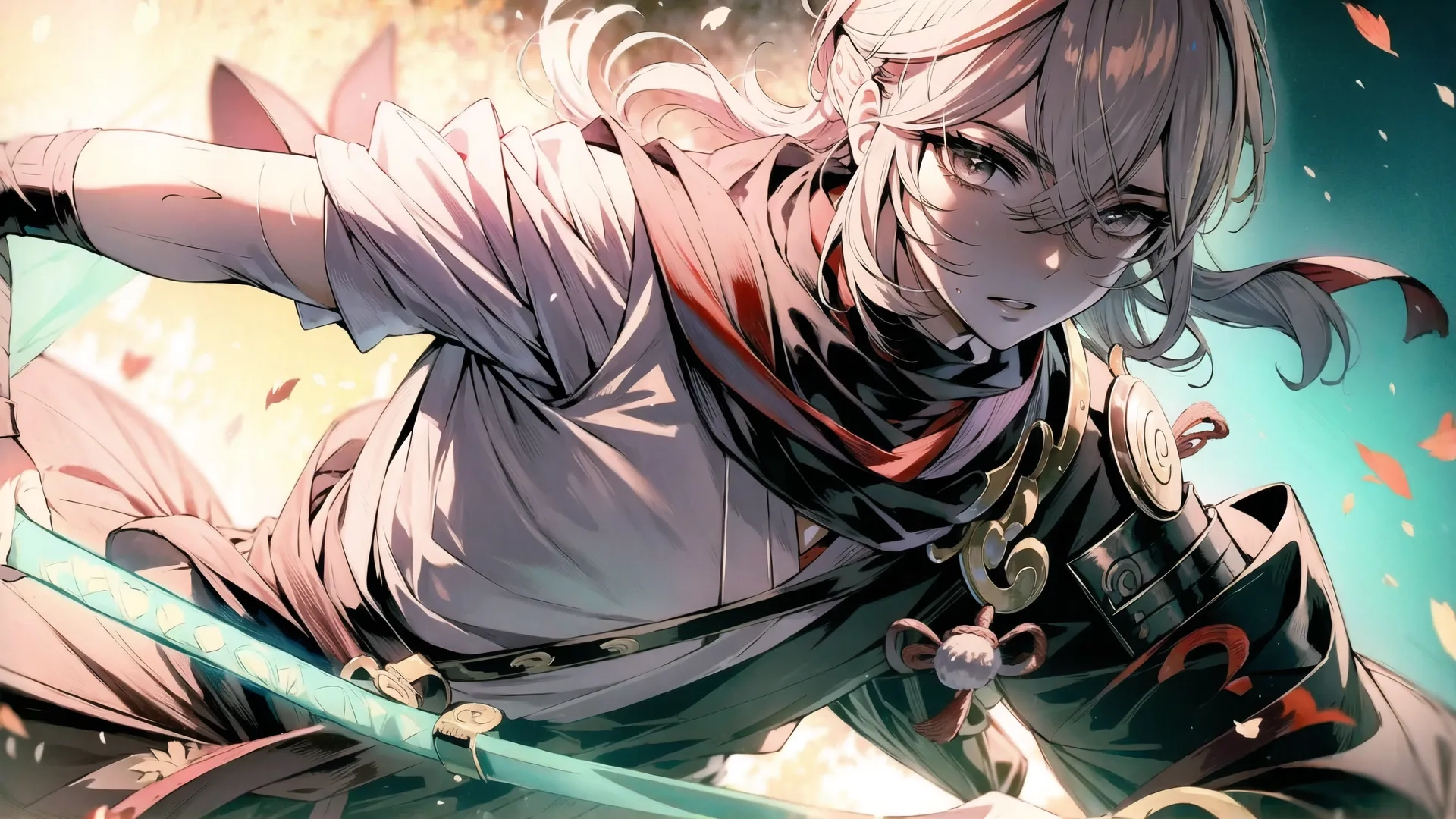 anime digital illustration style photo of a girl in action with a sword as petals fly around her hair and eyes are yellow or red, white haired, black
