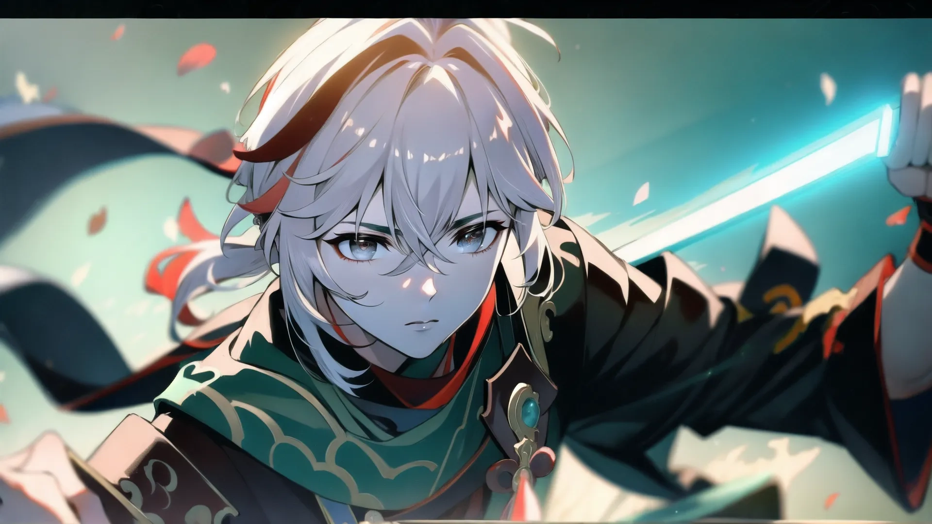 an anime image of a person with long blonde hair holding scissors with a sword in hand to the center behind them, a stream of blood flows