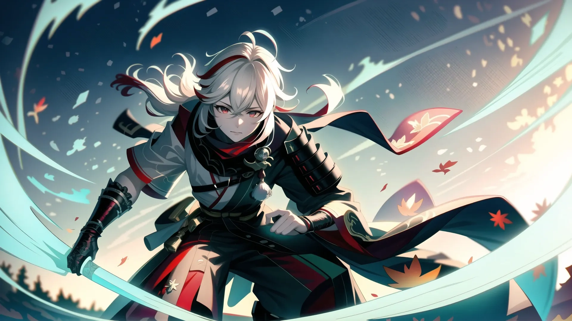 an anime character is flying through the air with her sword in hand and her eyes closed and an arm stretched, and is holding the strings over her head in two