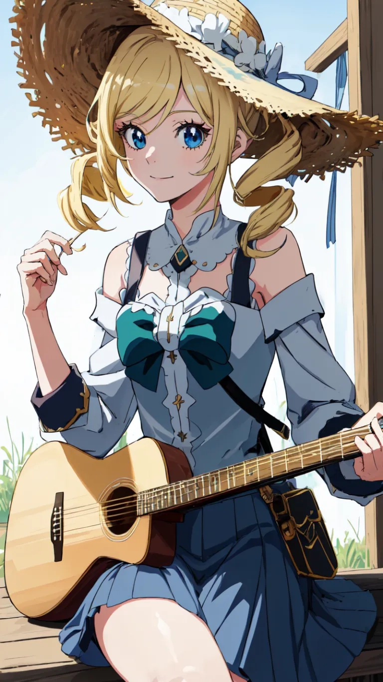 a cute girl with blue eyes playing an acoustic guitar, sitting on a ledge with grass and fence in the background and sundrelle sky,