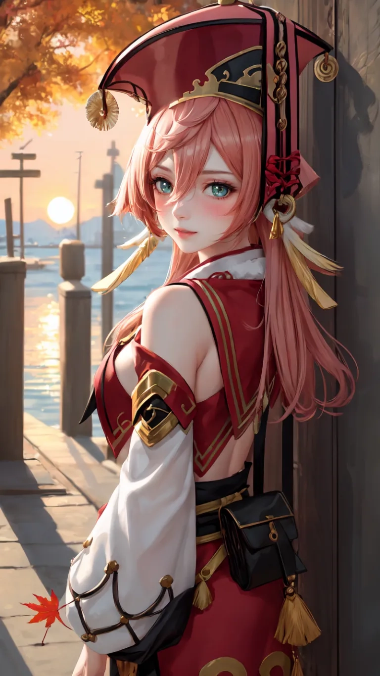 a person that is standing near a wall with an umbrella on them, a bird is flying over her head and her hair all tied up, in

