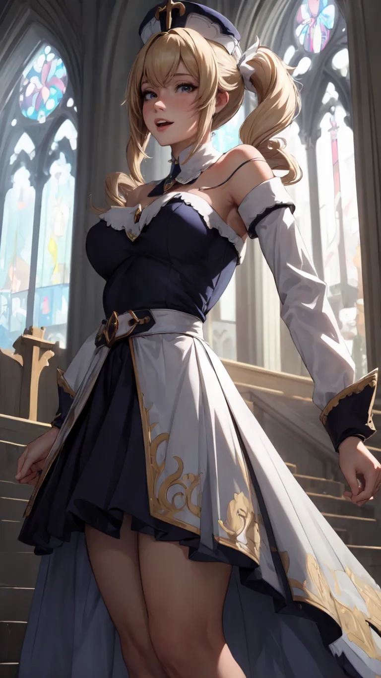 a anime girl dressed up in a black and blue dress and white top, and holding a dagger in one hand and wearing headgear with one piece