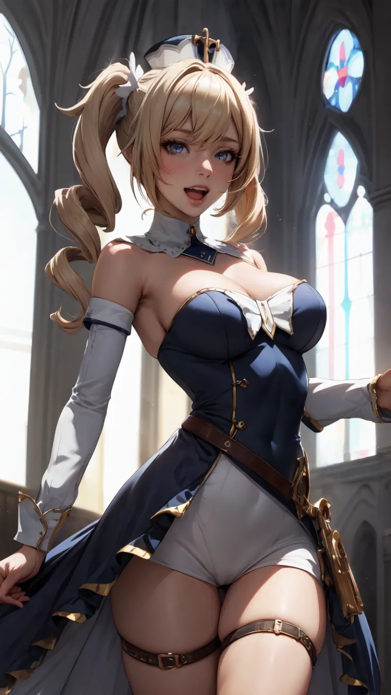 lady in cosplay costume is posing to the camera in an archway with stained ceilinging and large windows behind her she is holding up both hands in the airbag of some clothes