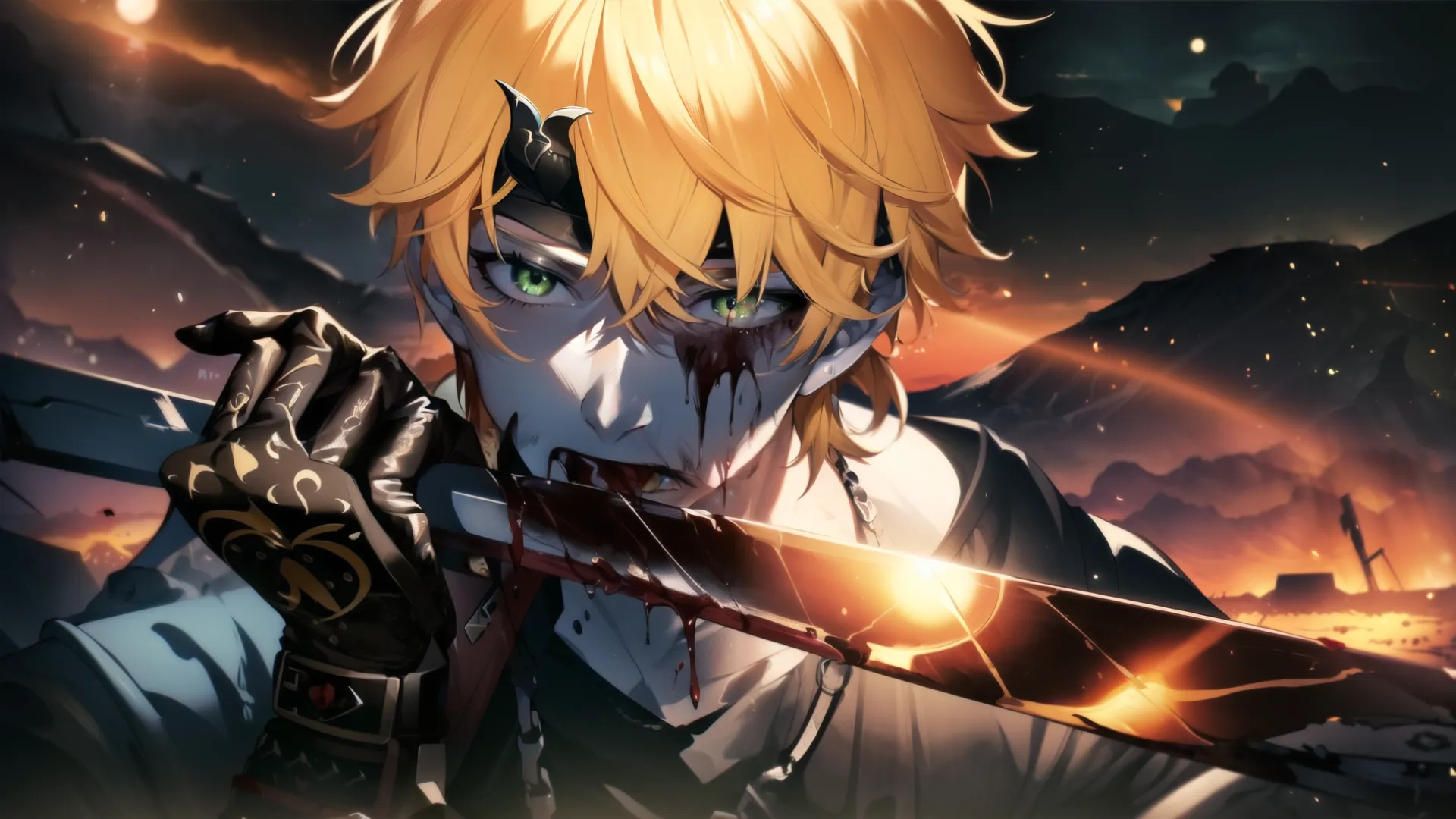 someone with green eyes and yellow hair in the distance, holding a sword and a hand out his right hand to his left arm above him are clouds
