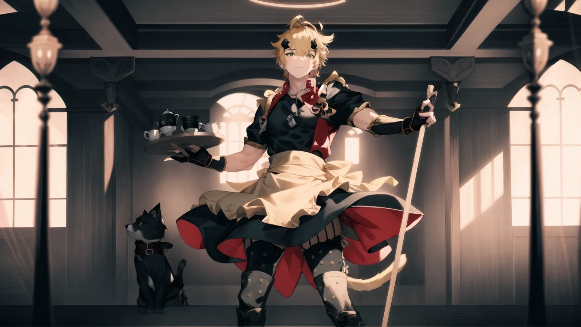 a woman holding a weapon in a room full of lights and other cats, next to her is a pole holder filled with a lamp pole, which is light