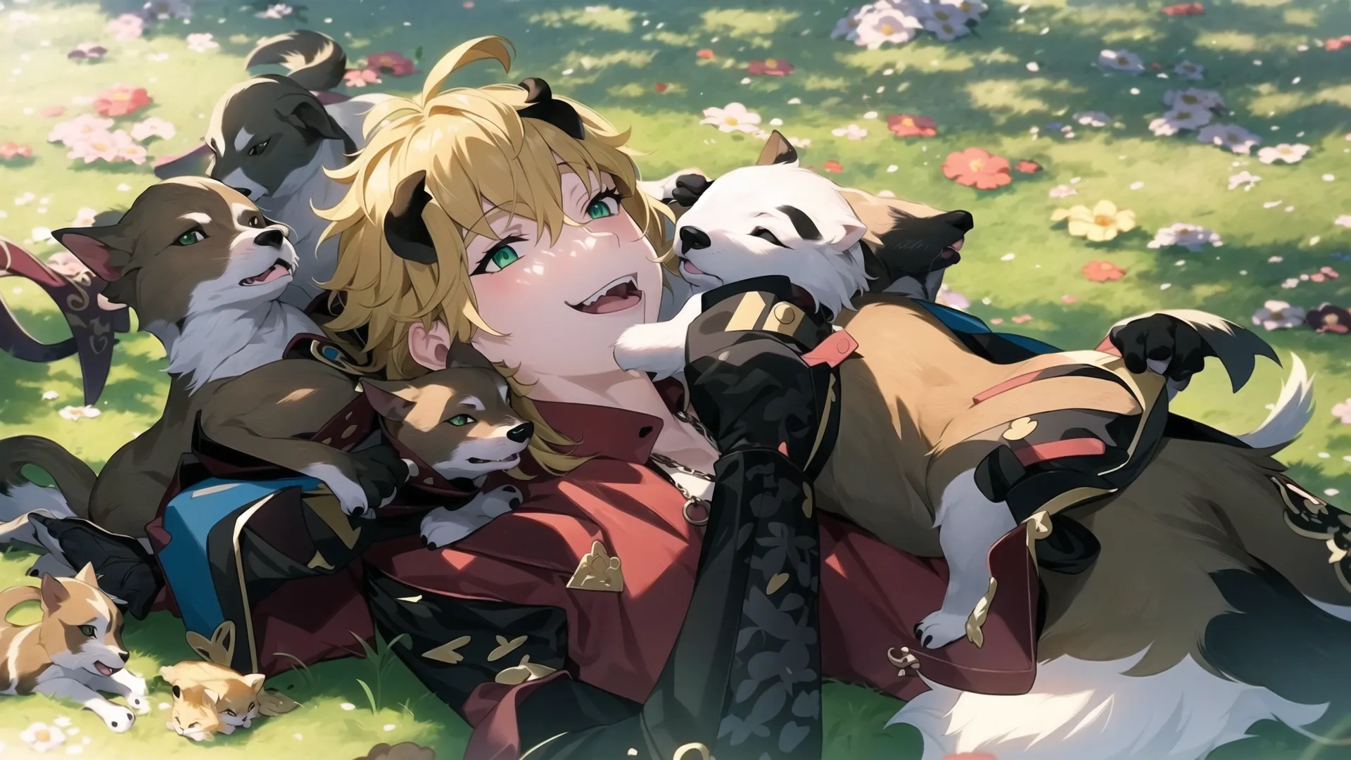 anime image, the cat lady with her dog babies and puppies relaxing on the grass with wild flowers in the background, and many animals surrounding