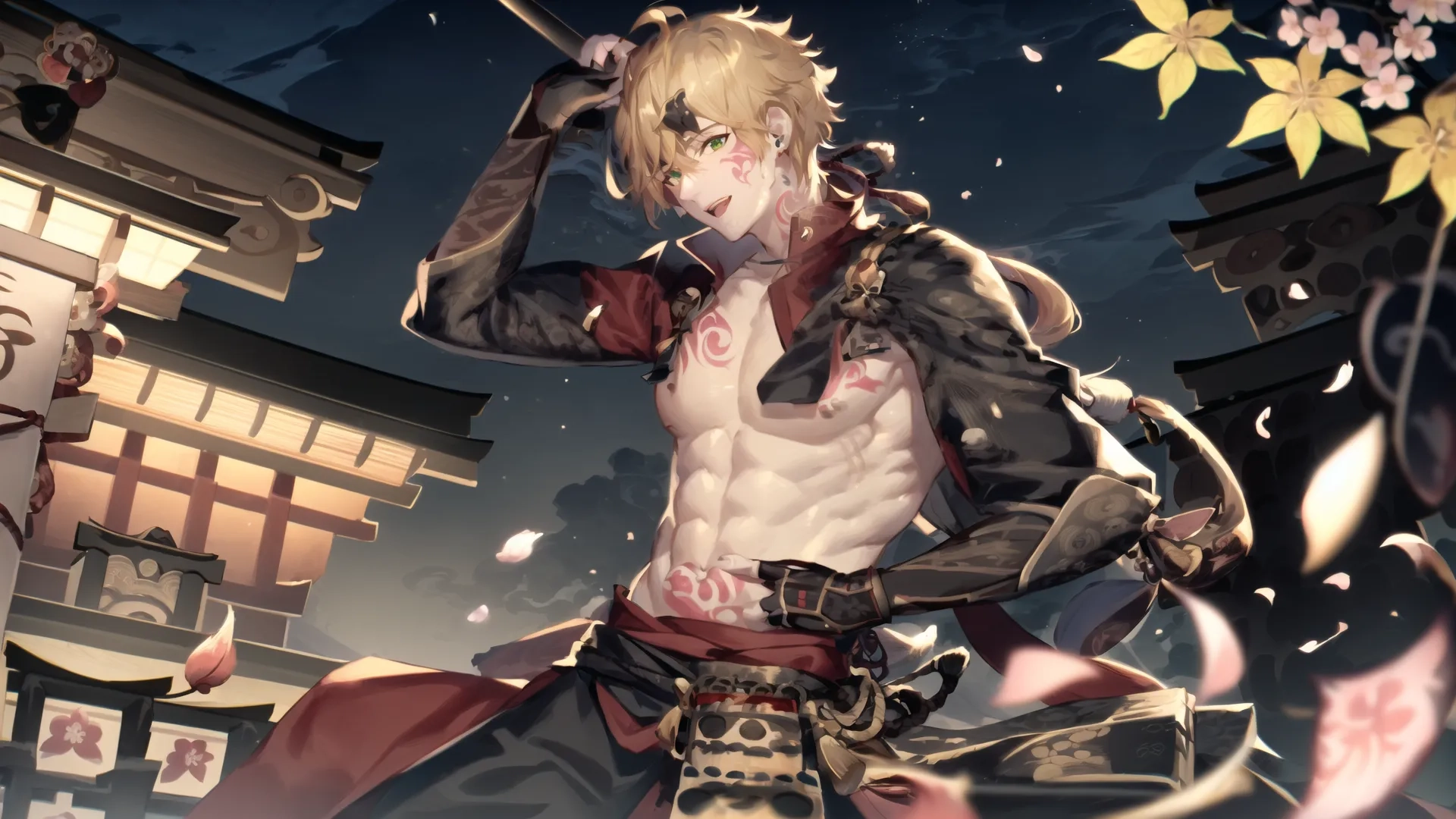 an anime man holding a japanese sword next to his body with cherry blossoms falling up in the background while holding an umbrella and a woman under her hoodie
