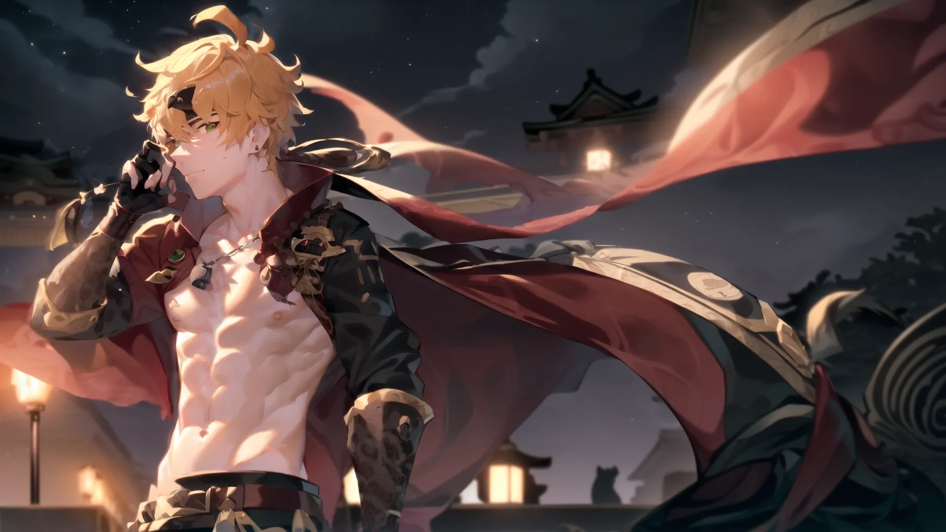 a man with gold clothing walking beside a wall holding a sword next to a pole and a large flag with clouds in the sky above him the background