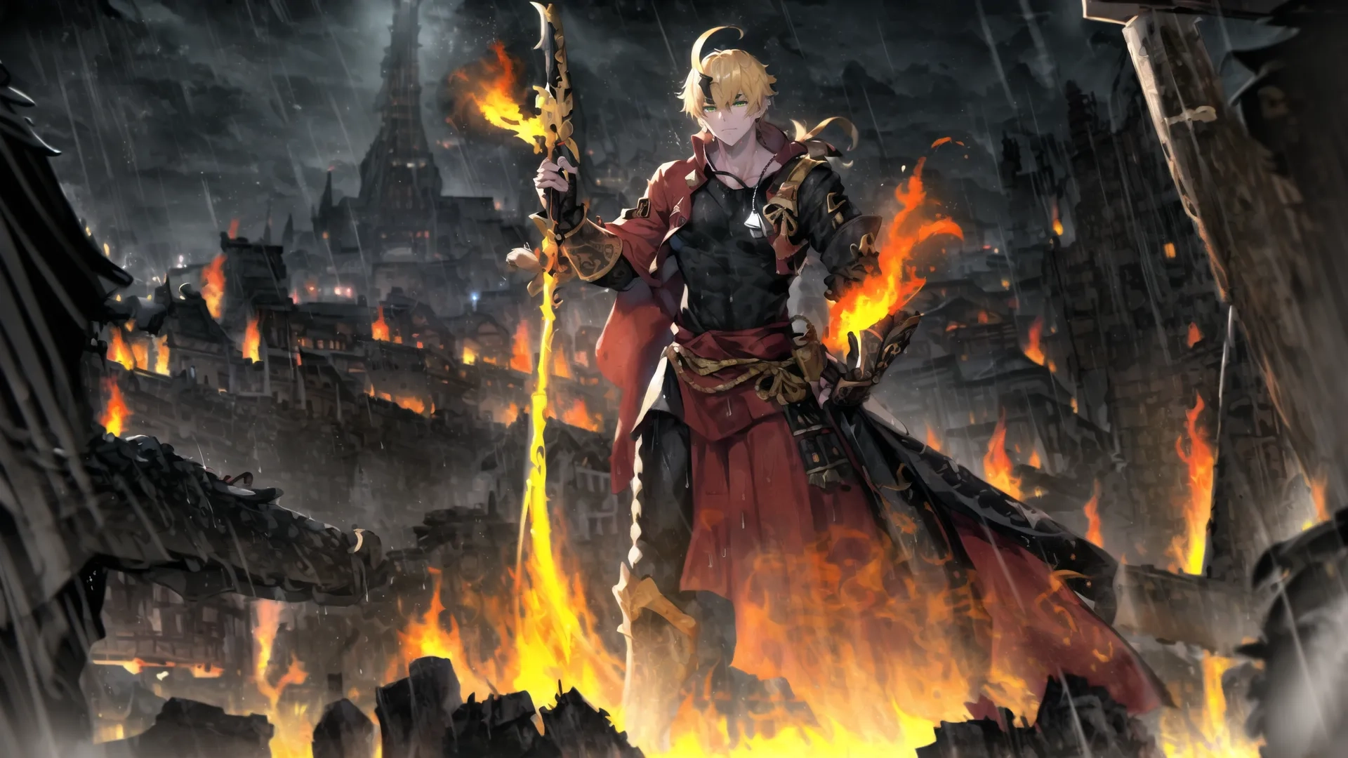 a person who is in an artistic manner holding a staff and flame in the background while another is wearing a costume of a medieval style clothing that features a headdread