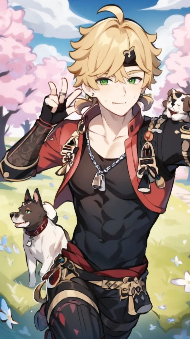 anime style photo of girl with blond hair and green eyes and many dogs, and holding a phone near her to her ear, in front of trees, with bright blue skies