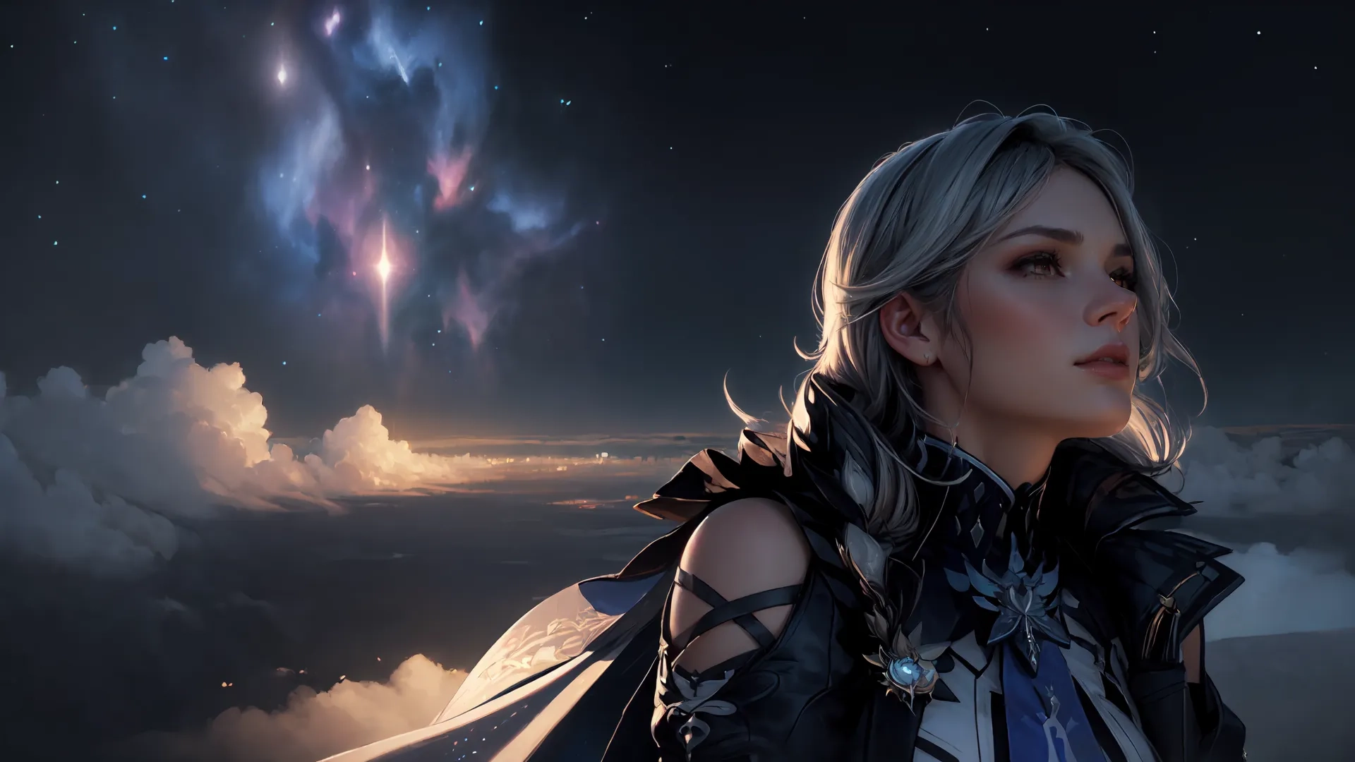 a woman standing under an umbrella looking back while flying through the sky, and at night, with glowing stars in the sky beyond, behind her