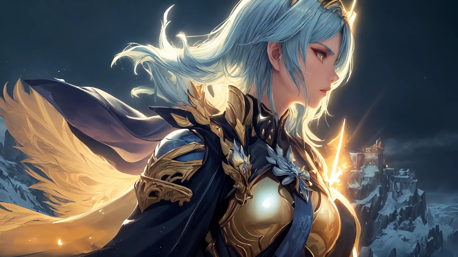 woman dressed up in white wearing gold and holding fire in a dark cave with snowy mountains behind her and a large, glowing halo with golden object
