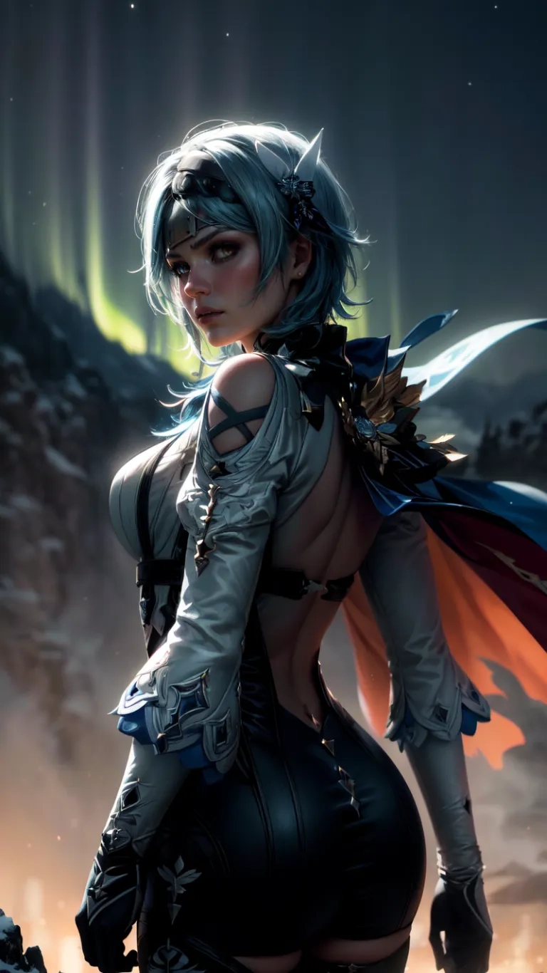 a woman with blue hair and a cape standing in the snow at night with aurora light behind her and holding a gun behind her back end by