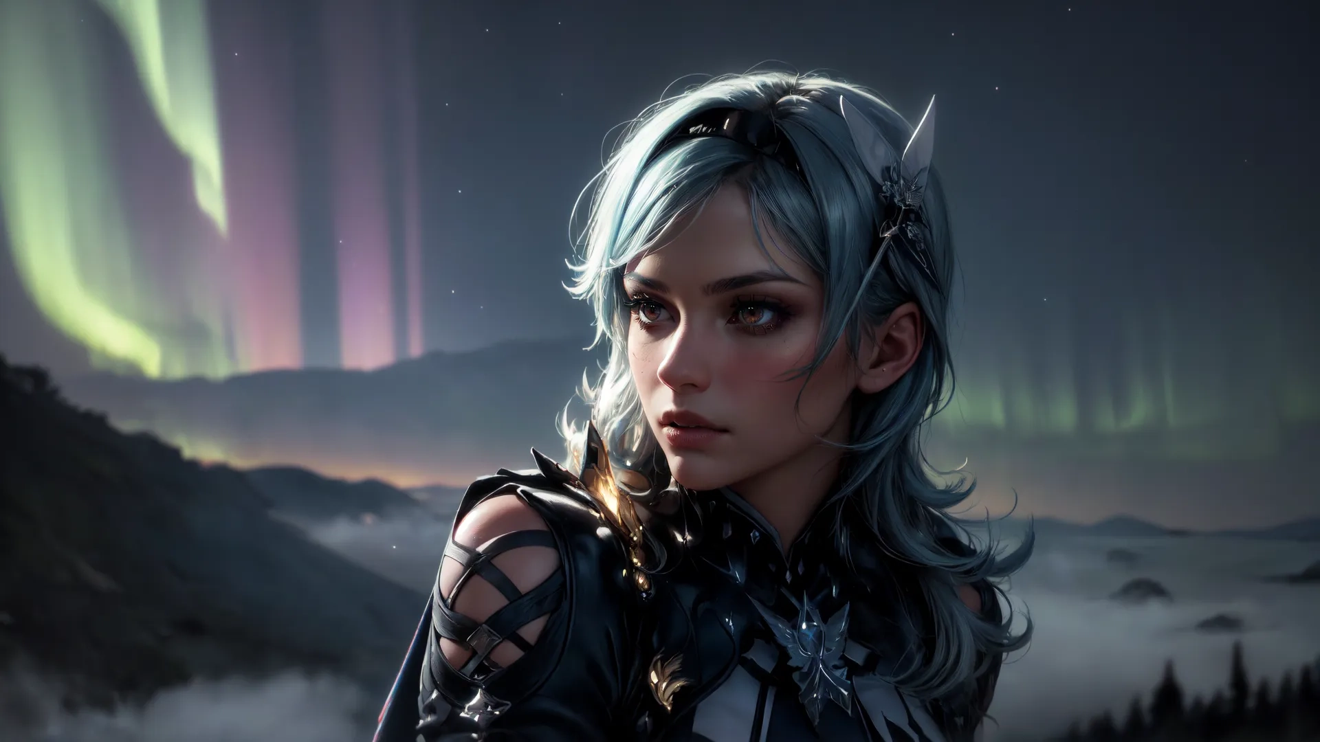 an animated photograph of a girl with blue hair and a northern lights background around her head, with the aurora bore visible in the sky above the forest
