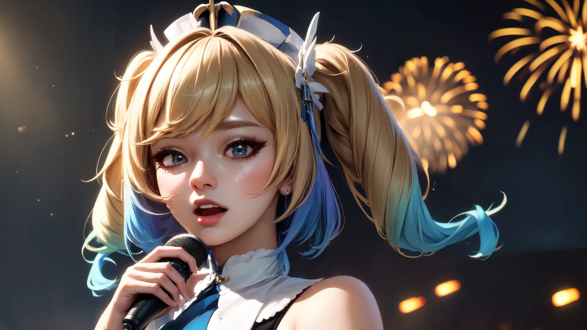 blonde haired girl performing in vocal concert with fireworks around her head and microphone in hand, animated like animated version of musical game character, anime girls